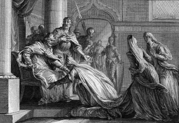 Emma of France prostrates to her feet. Married to Raoul of Burgundy, she decided to give the crown of France to her husband (engraving)