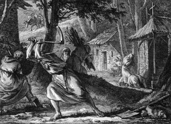 Hermits living in a community in a French forest, late 11th-beginning 12th century. Engraving by Jean Michel Moreau, dit Moreau le Jeune (1741-1814)