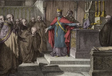 Hugues Capet (941-996) re-established the canonical elections: the king of the Franks allowed the monks to elect their abbots by placing on an altar a crosier and a mitre. Engraving by Jean Michel Moreau, dit Moreau le Jeune (1741-1814)