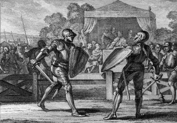 Justice under the Capetians: a duel in armor between two vassals to arbitrate a quarrel. A court (court of peers or barons) first tried to settle their dispute. In case of failure, they would engage in a battle to death. 10th-11th century. Engraving by Jea