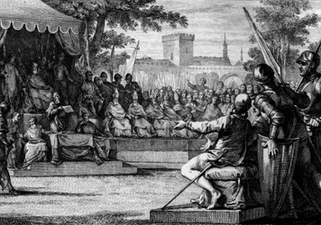 Legislation under Charlemagne: reading a new law aloud to the representatives of the people who cry out their agreement or disagreement. 8th-9th century. Engraving by Jean Michel Moreau, dit Moreau le Jeune