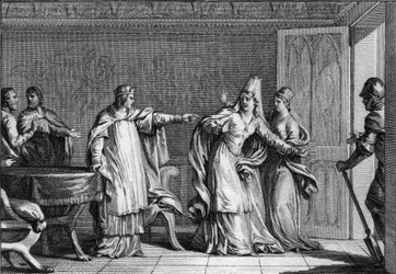 Louis V the Faineant (966-987), King of the Franks, expels his mother, Queen Emma of Italy (945-988), accused of poisoning her husband, King Lothaire (941-986), 987. Engraving by Jean Michel Moreau, dit Moreau le Jeune (1741-1814)