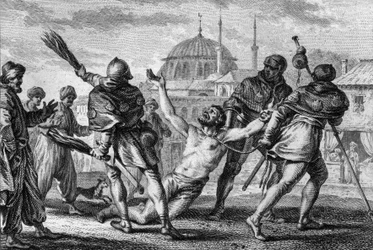 Nerra coots (972/987-1040), Count of Anjou, pilgrimage in Jerusalem. He gets dragged naked, a rope tied to his neck, in the streets of the city, while one of his squires whips him with yards and asks for grace from God. 11th century. Engraving by Jean Mich
