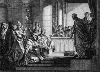 Pope Gregoire III (died 741) asked for help from the King of the Francs Charles Martel (688-741) to repel the Lombard troops of Italy, 741. Engraving by Jean Michel Moreau, dit Moreau le Jeune (1741-1814)