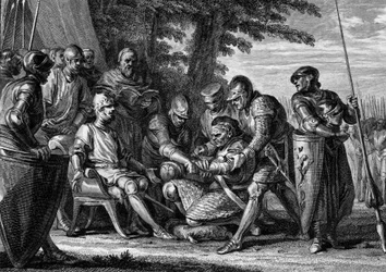 Rollo (ca. 860-933), Viking chief, refuses to kiss the foot of King Charles III the Simple (879-929), 912. Engraving by Jean Michel Moreau, known as Moreau le Jeune (1741-1814)