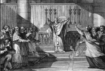 Scene of excommunication under the Capetians: we lay the cross on the steps of the altar, we reverse the candles lit, while the clergymen assemble cursed excommunia. 10th century. Engraving by Jean Michel Moreau, dit Moreau le Jeune (1741-1814)