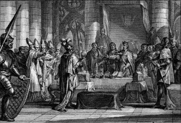 Succession of Louis the Pious, 816: the emperor of the West before the three crowns symbolizing the division of his empire into three kingdoms, each returning to one of his sons (Lothaire, Pepin, Louis). Engraving by Jean Mi
