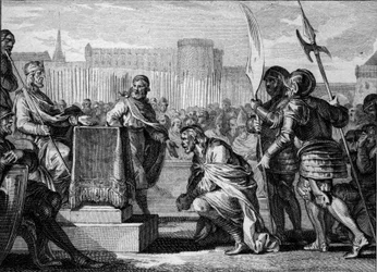 Tassilon III, Duke of Bavaria, prostrates to Charlemagne at Ingelheim, 788. Engraving by Jean Michel Moreau