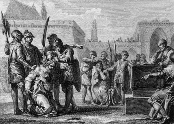 Thierry III (651-691), king of the Franks, and Ebroin (died 681), mayor of the Neustria Palace, were mowed by the population, hostile to the two men. 669. Engraving by Jean Michel Moreau, dit Moreau le Jeune (1741-1814)