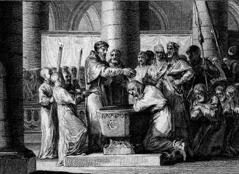 War against the Saxons, 785: baptism of Witikin of Saxony. Beaten by the army of Charlemagne, the leader of the Saxons agreed to convert to Catholicism. Engraving by Jean Michel Moreau