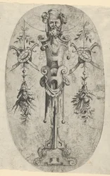 Male Terminal Figure, Head with Beard and Turban on a Three-Quarter Strapwork Pedestal
