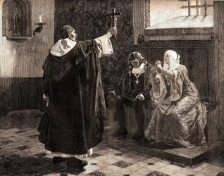 The great Spanish inquisitor, Fray Tomas de Torquemada (1420-1498), among the Catholic kings Ferdinand II of Aragon and Isabella of Castile
