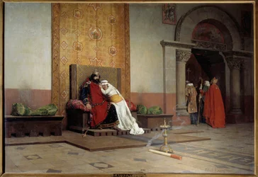 Excommunication of Robert II the Pious in 998. The King of France, son of Hugh Capet, falls in love with and marries his cousin Bertha of Burgundy despite the disapproval of Pope Gregory V, who also excommunicates him. Jean Paul Laurens (1838-1921)