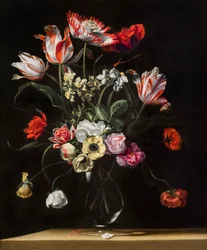 Tulips, Daffodils, Carnations, Poppies, Anemones, and Other Flowers in a Glass Vase on a Wooden Ledge