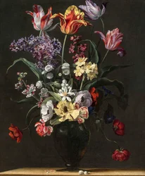 Tulips, Lilies, Daffodils, Lilacs, and Other Flowers in a Glass Vase on a Wooden Ledge