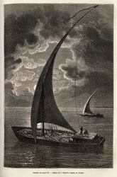 The boats of the upper Nile, reduced crew and passengers sleeping on deck, in moonlight, engraving after J.Moynet