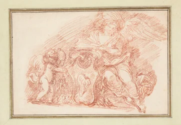 Winged Figure and Putto Supporting Escutcheon