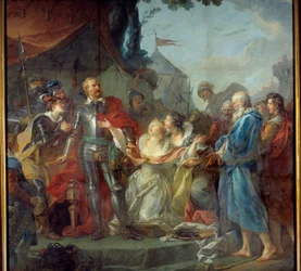 The Siege of Calais in 1347. The devotion of Eustache of Saint Peter, the best known of the six burghers of Calais, who went to the king of England Edward III, to plead for the grace of the inhabitants of Calais (August 1347). Painting by Jean Simon