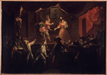 Deplorable successes of this piece. One of the palm players whose clothes had been derobe, gives a big racket to La Rapiniere. Painting illustrating 