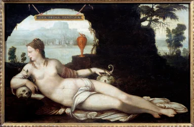 Eva Prima Pandora, depiction of a woman combining the characteristics of Eve and Pandora, who both bring all evil to earth. Painting “Vanite” by Jean Cousin, called the Elder (1490-1560), 16th century. Dimensions: 0.97 x 1.5 m.