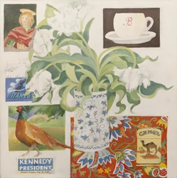 Ephemera, including coffee cup, cigarette packs; postcard and tulips