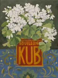 White geraniums in old stock cube tin