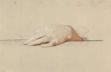 A Left Hand Resting on a Table, Holding a Rose