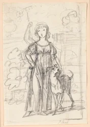 Composition Draft for a Portrait of a Young Girl with Right Hand on Hip and Left Arm Around Her Dog