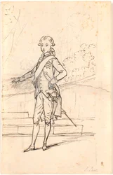 Composition Draft for Full-Length Portrait of Frederik the Sixth as Young Crown Prince. Standing Face Forward with Right Hand on Hip and Left Hand Resting on a Table