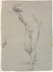 Model Standing Facing Forward, Head Supported by Raised Right Arm; Not Fully Drawn