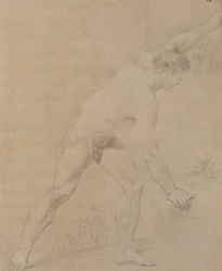 Model Standing, Facing Right, Left Arm Raised, Right Arm Lowered and Supported Against a Rock