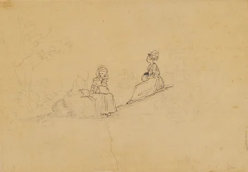 Three Ladies with Muffs on an Outdoor Slope, Behind Them a Suggested Fourth Figure with a Child in Her Arms
