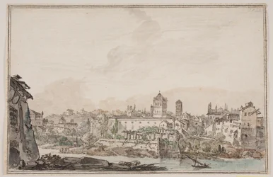 Cityscape with Houses and Church by the River. Ancient Rome