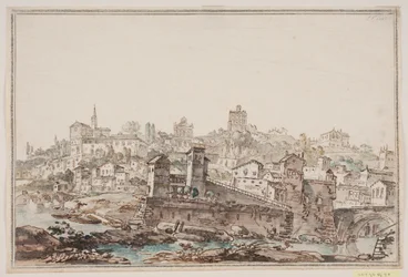 Cityscape with Houses and Church by the River. Ancient Rome