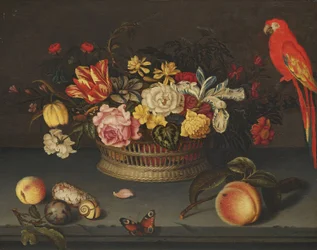 Still Life with Flower Basket and Parrot