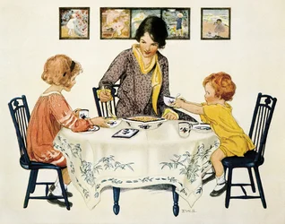 Family (Mother and Children) Gathered Around a Table Eating Pasta