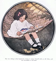 She was sitting in the hammock, trying to amuse herself with an old atlas and not succeeding at all well