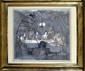 Feast of Tabernacles at the Restaurant Kasher by the Family of Moses Ulmann. Drawing on Paper, Pen Wash in 1831. Jewish Museum Basel, Switzerland.
