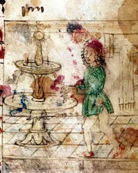 Judaism: ritual ablution. Miniature taken from a page of a Machazor in Hebrew. 15th century. Biblioteca Palatina, Parma