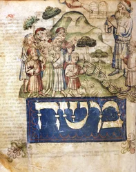Moses Receives the Tables of the Law. Miniatures from a 14th century Hebrew Bible