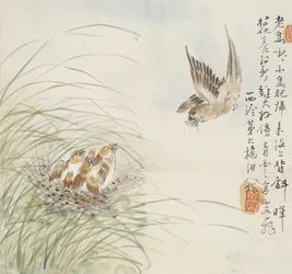 A bird carrying food in its mouth, 1857