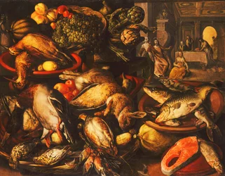 Game, Fish, Fruit and Vegetables in Baskets and Bowls in a Larder