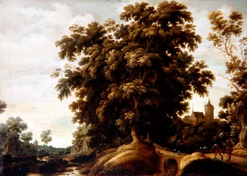 A River Landscape with Figures and a Village Beyond