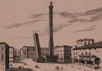 The Two Towers (Asinelli and Garisenda), Bologna, Emilia-Romagna, Italy, copper engraving