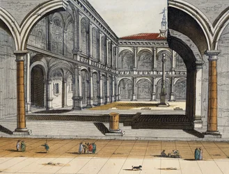 View of inner courtyard of old University in Bologna, Joan Blaeu, engraving, Italy