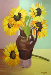 Five Sunflowers in a Tall Brown Jug