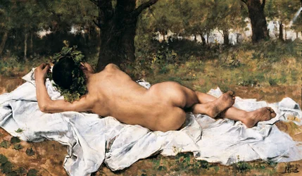 Young Bacchus: Bacchus from back lengthens on a sheet in the grass. Painting by Joaquin Agrasot y Juan (1836-1919) Around 1872. Valencia. Museum of Bellas Artes San Pio V.