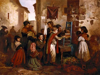 Children Playing in the Religious Procession, Painting by Joaquim Vayreda y Vila