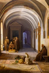 Franciscan monks in the cloister of Santa Maria d