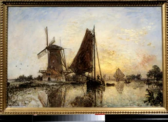 Dutch Landscape, Boats Near the Mill